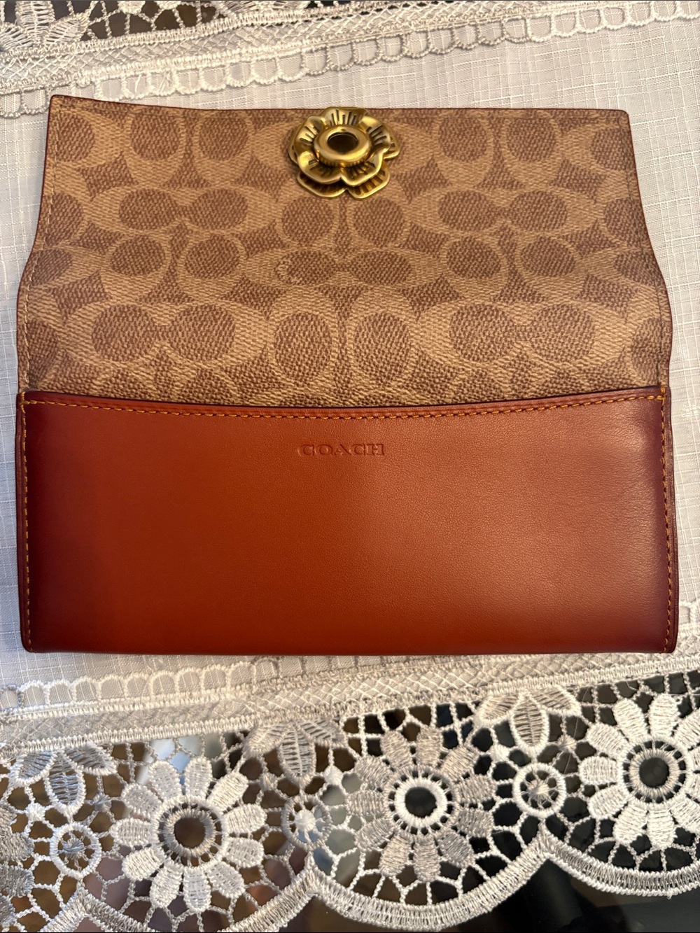 Coach Brown Signature Floral Turnlock Continental Wallet with Gold Hardware - Picture 9 of 11